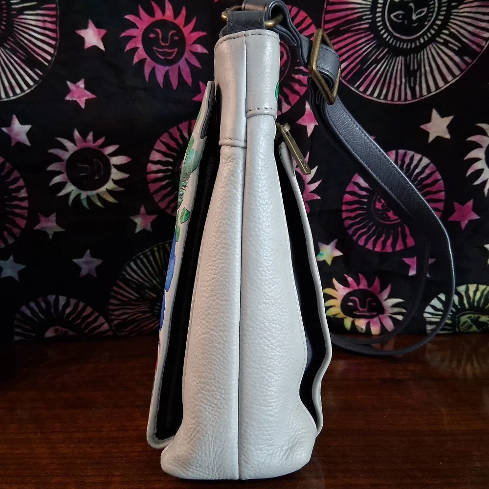 Anuschka Hand-painted Grey Leather Shoulder Bag Lion Flowers - Picture 11 of 17